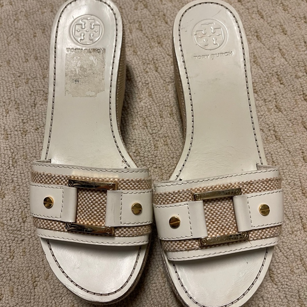 Cream and tan  tory Burch wedge slides size 9
